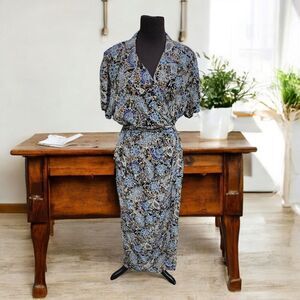 Vtg Talbots Womens Silk Wrap Midi Dress Blue Floral Sz 20 Collared Short Sleeve